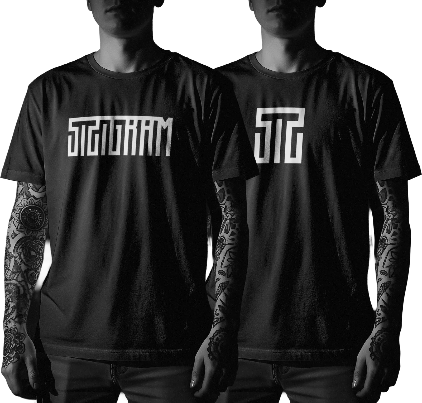 Two black SIZIGRAM shirts — the wordmark and the mark